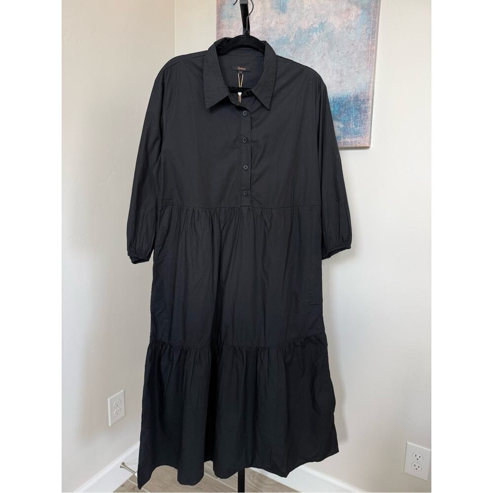 NEW Quince Organic Cotton Poplin Midi Tunic Dress Black Large Tiered Puff Sleeve - Picture 2 of 8